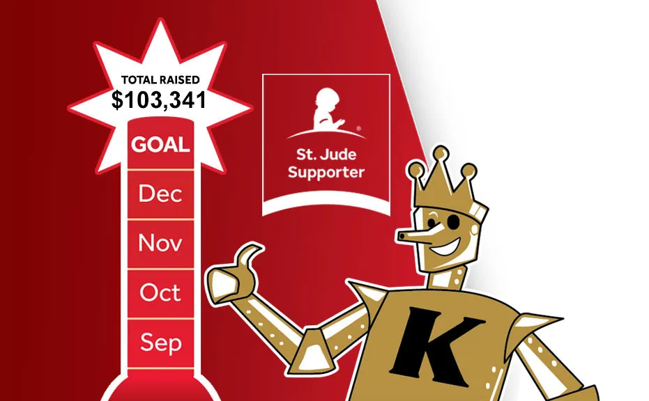 King's St. Jude fundraising thermometer showing $103,341 raised, with the Tin Man