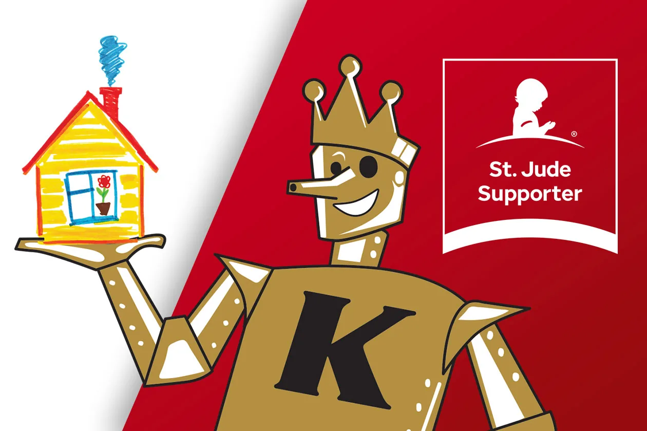 The King Tin Man holding a house, with the St. Jude Supporter badge