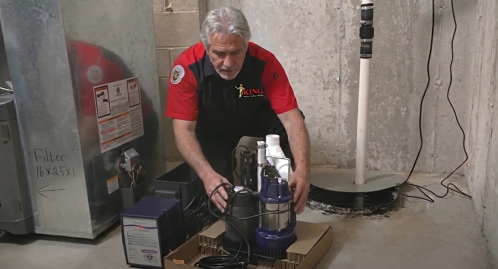 Sump pump discharge piping in a basement