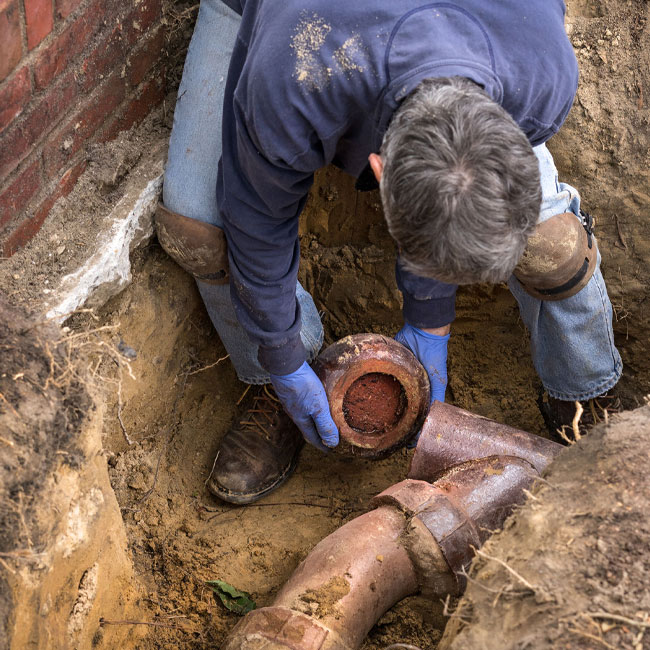 After getting a call from a local homeowner, a King plumber inspects a buried sewer line for signs of damage and clogs.