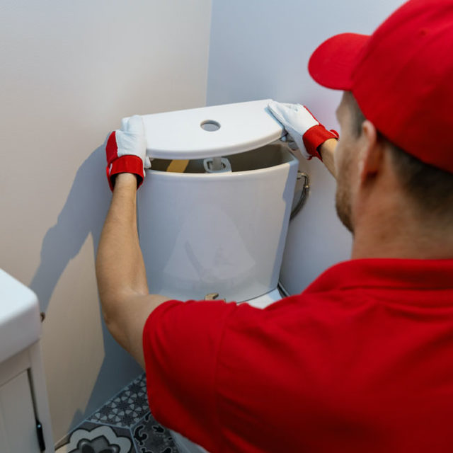 One of our plumbers replaces the top of a toilet tank after adjusting the water level for a homeowner here in Chicago.